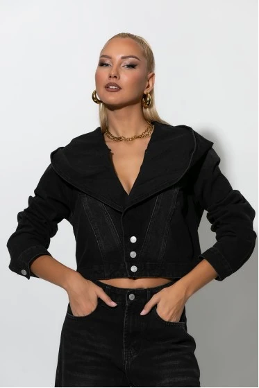 Σετ jean cropped jacket με μεγάλη κουκούλα και jean παντελόνι loose μαύρο