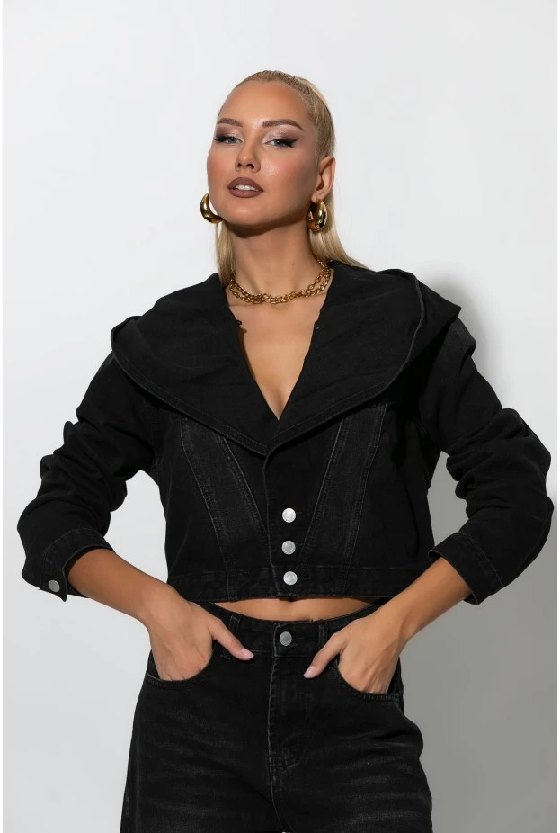 Σετ jean cropped jacket με μεγάλη κουκούλα και jean παντελόνι loose μαύρο