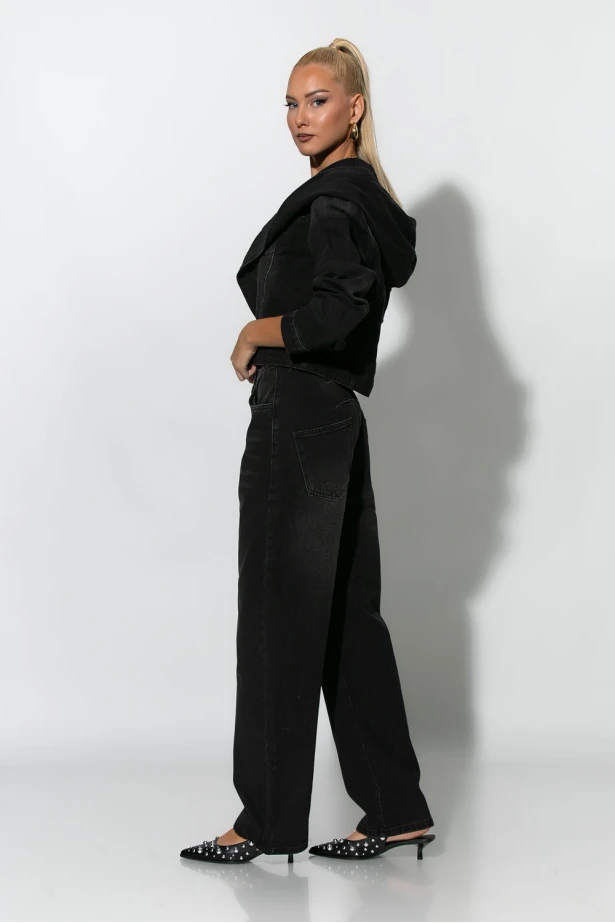 Σετ jean cropped jacket με μεγάλη κουκούλα και jean παντελόνι loose μαύρο