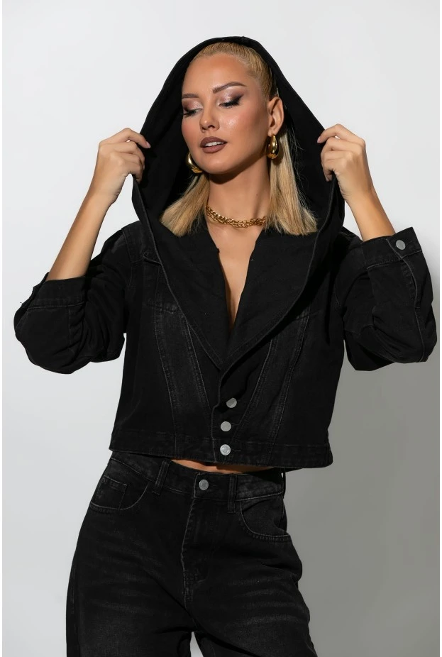 Σετ jean cropped jacket με μεγάλη κουκούλα και jean παντελόνι loose μαύρο